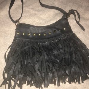 Black Leather-Fringe Bag